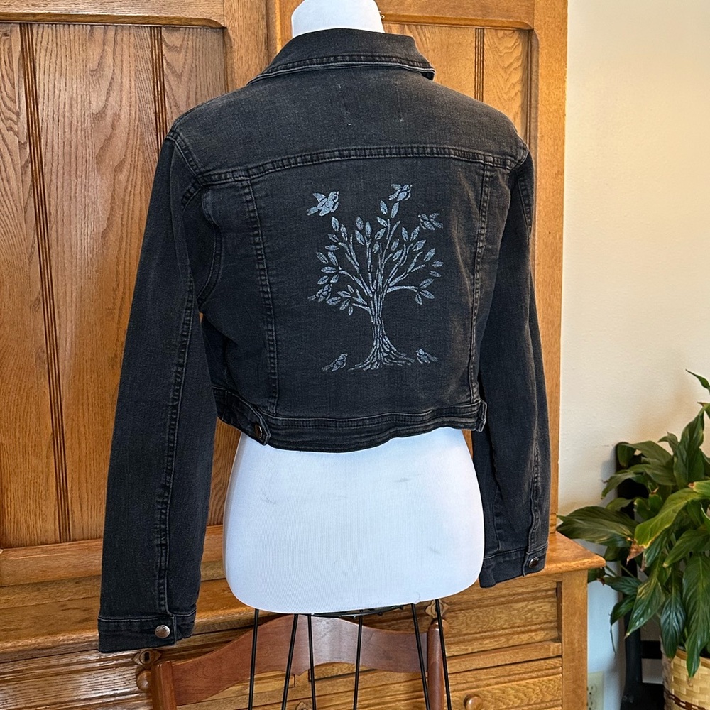 Black Cropped Jean Jacket with Tree and bird painted stencil design silver M